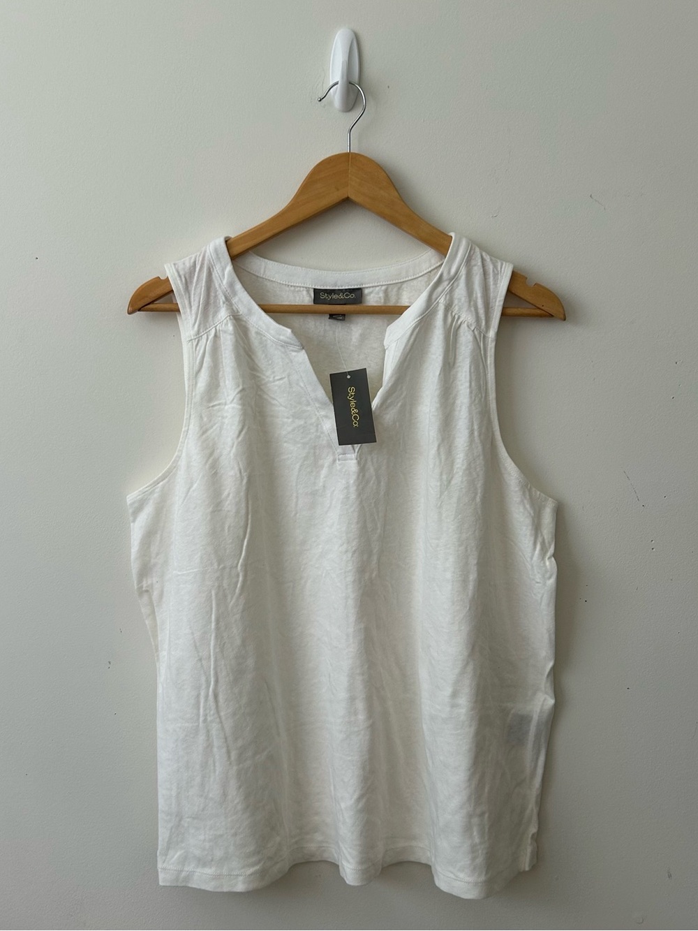 Style & Co Women Ivory Sleeveless Split Neck Linen Blouse Tank Top Size L Large